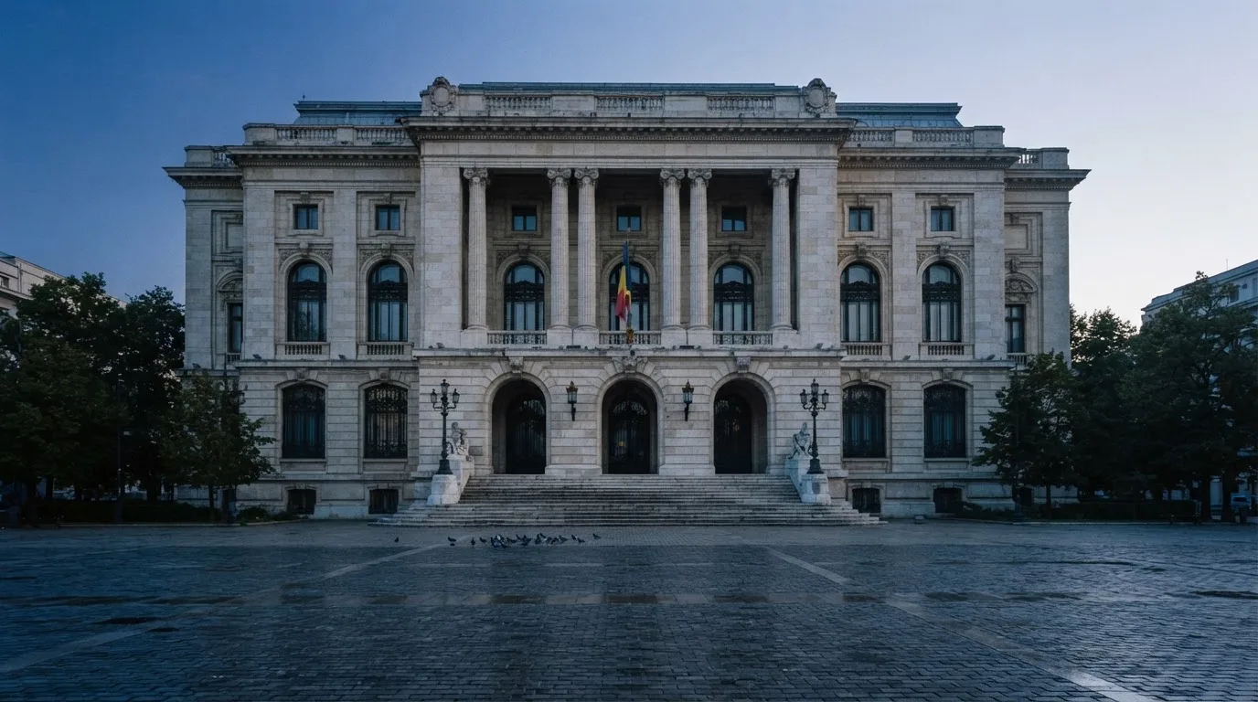 Fațada de piatră a unei clădiri guvernamentale din București, în lumina rece a zorilor — 20 rotiri gratuite în romania