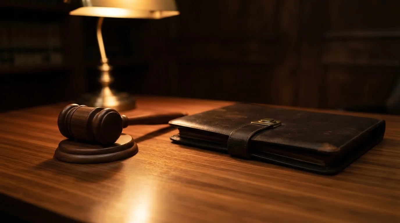 Un ciocan de judecător lângă un dosar de piele închis, pe o masă de nuc lustruit — 200 rotiri gratuite în romania