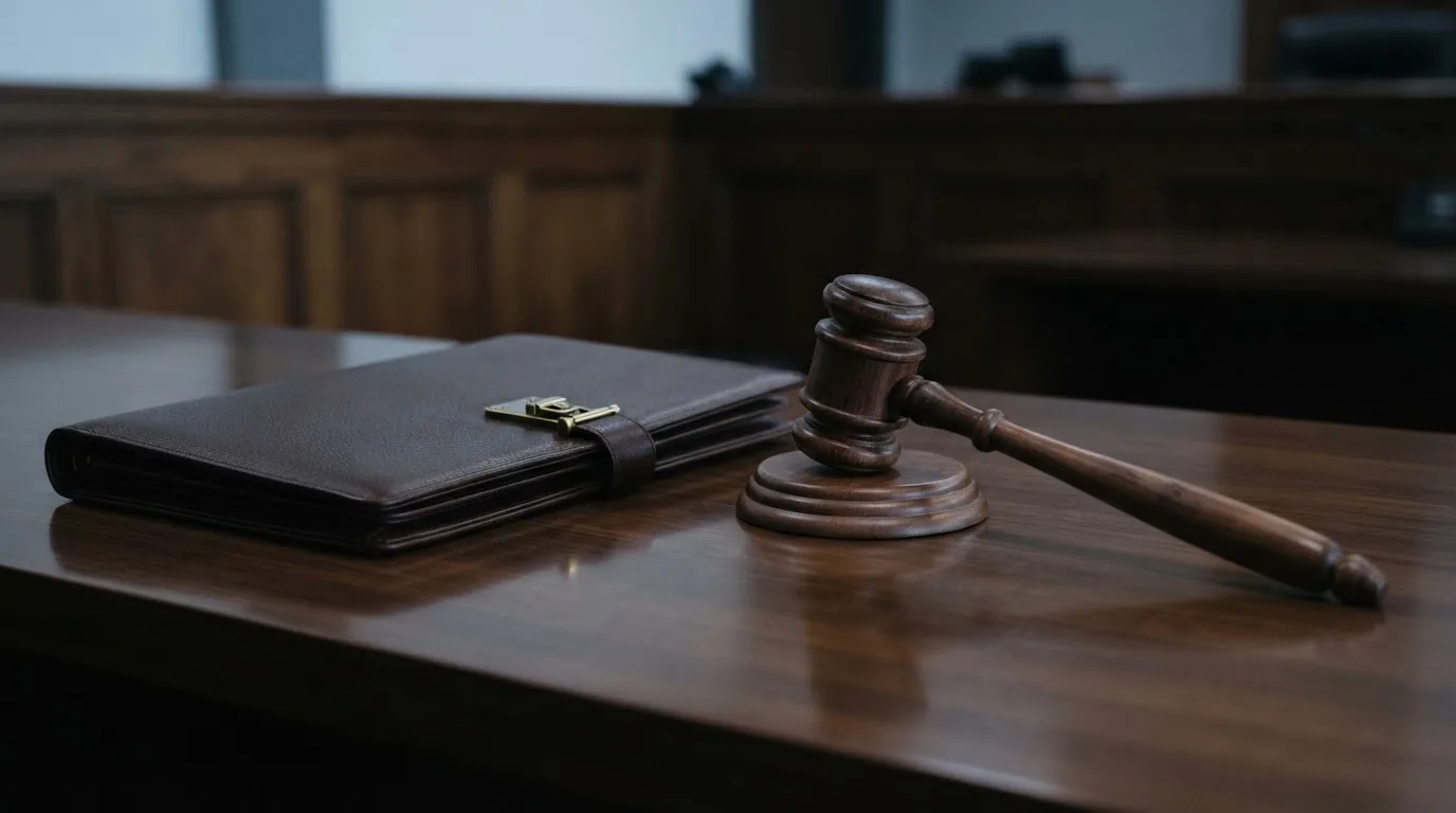 Un ciocan de judecător lângă un dosar de piele închis, pe o masă de nuc lustruit — 400 rotiri gratuite în romania