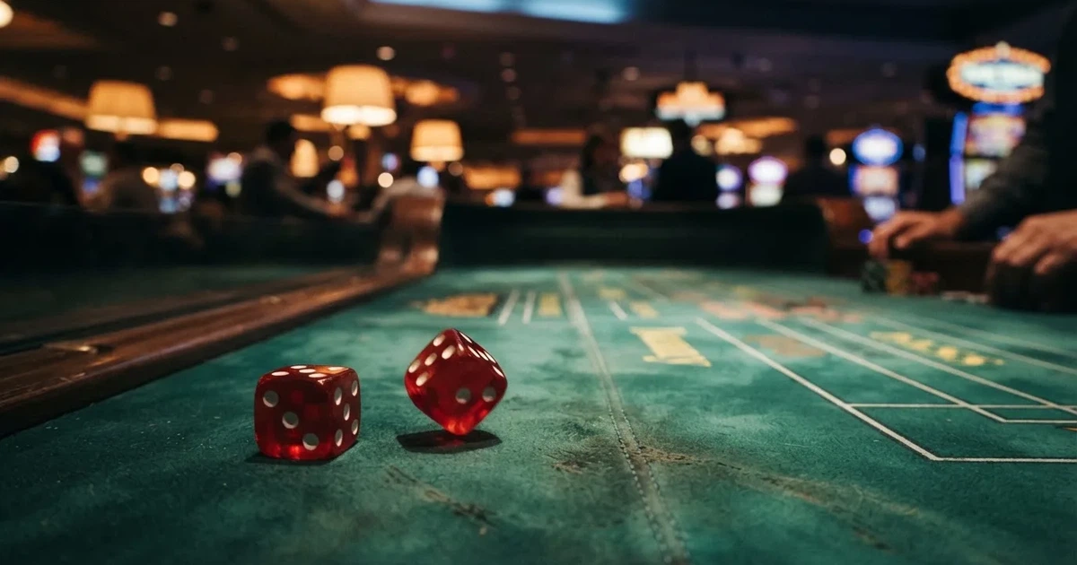 Zaruri roșii pe marginea unei mese de craps, sub o lumină verzuie — aparate de cazinou din românia