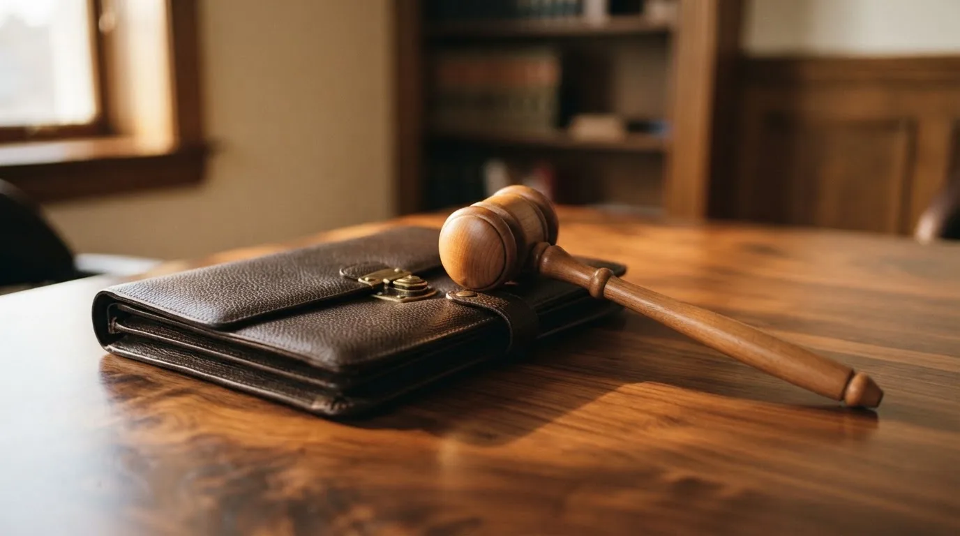 Un ciocan de judecător lângă un dosar de piele închis, pe o masă de nuc lustruit — aparate de cazinou din românia