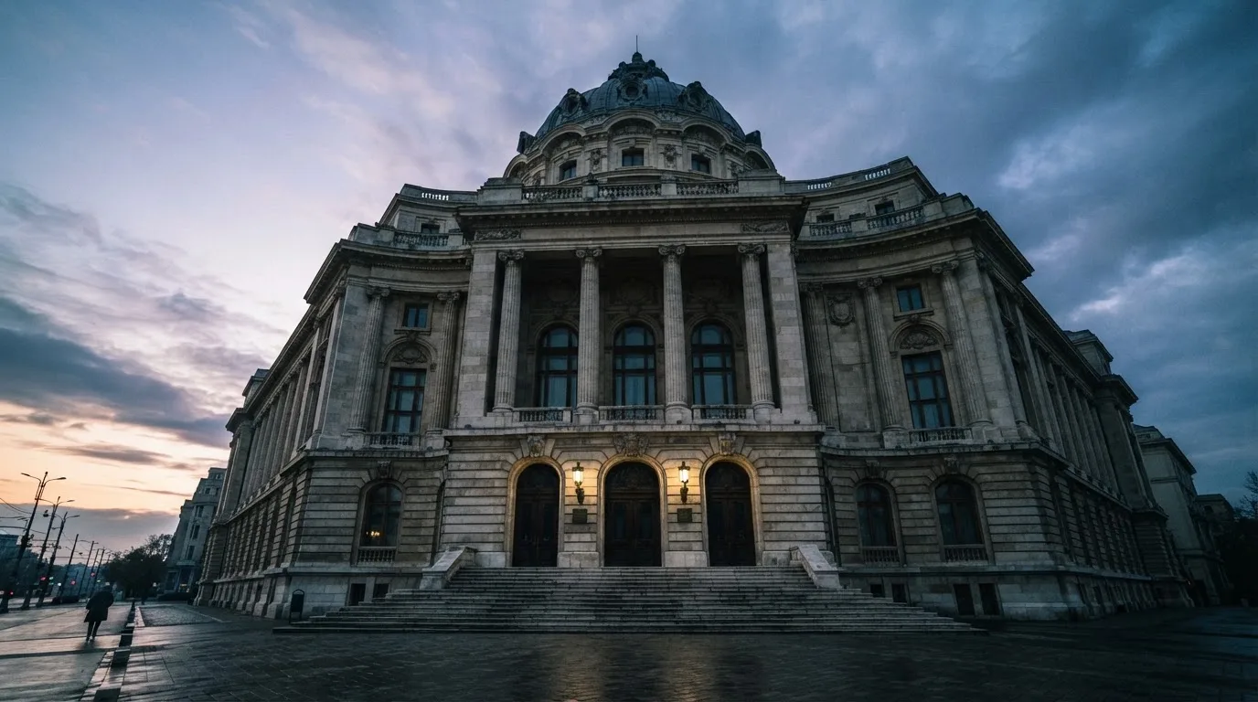 Fațada de piatră a unei clădiri guvernamentale din București, în lumina rece a zorilor — aparate de păcănele în românia