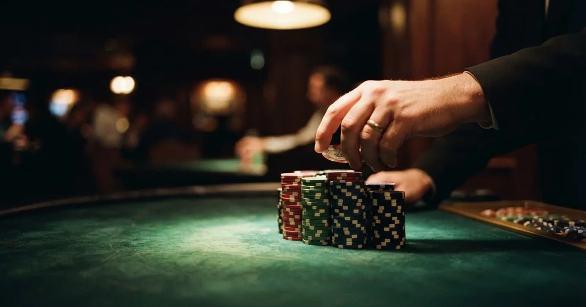 Mâini de crupier aranjând jetoane pe o masă de poker, în lumina unui spot — blackjack cu live dealeri în românia