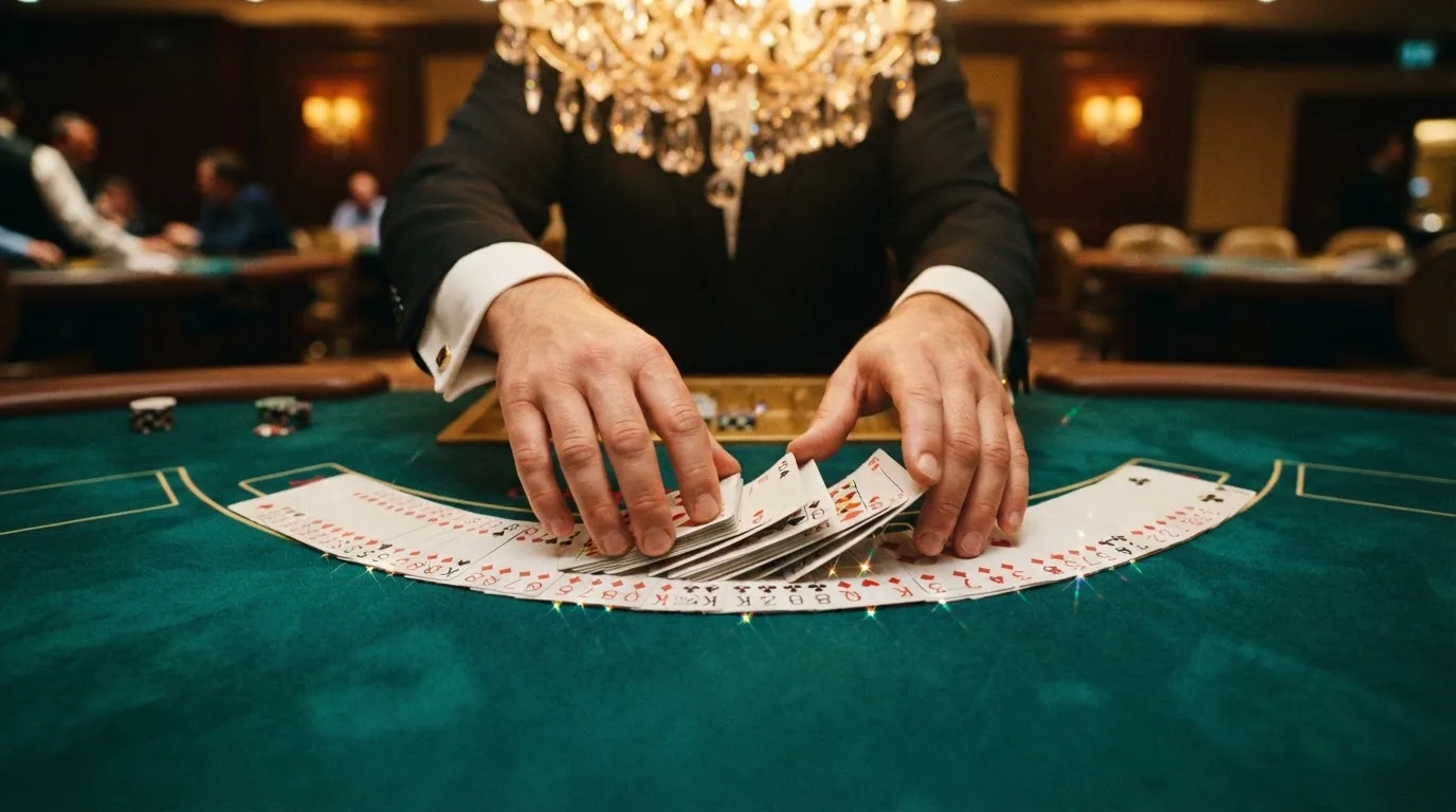 Mâinile unui crupier amestecă cărțile sub candelabrele unui cazinou elegant — blackjack reguli pentru români