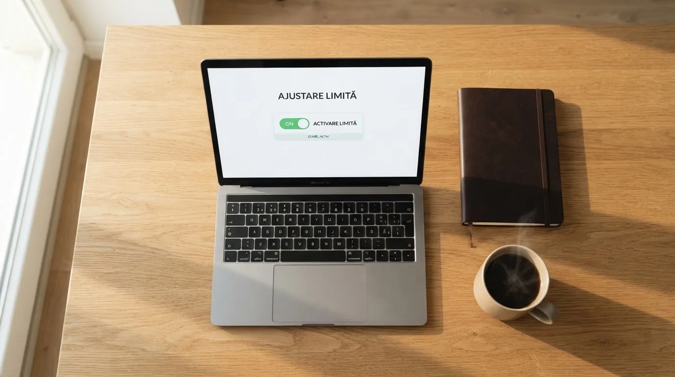Birou luminos cu laptop deschis, un carnet închis și o ceașcă de cafea, văzute de sus în lumina dimineții.