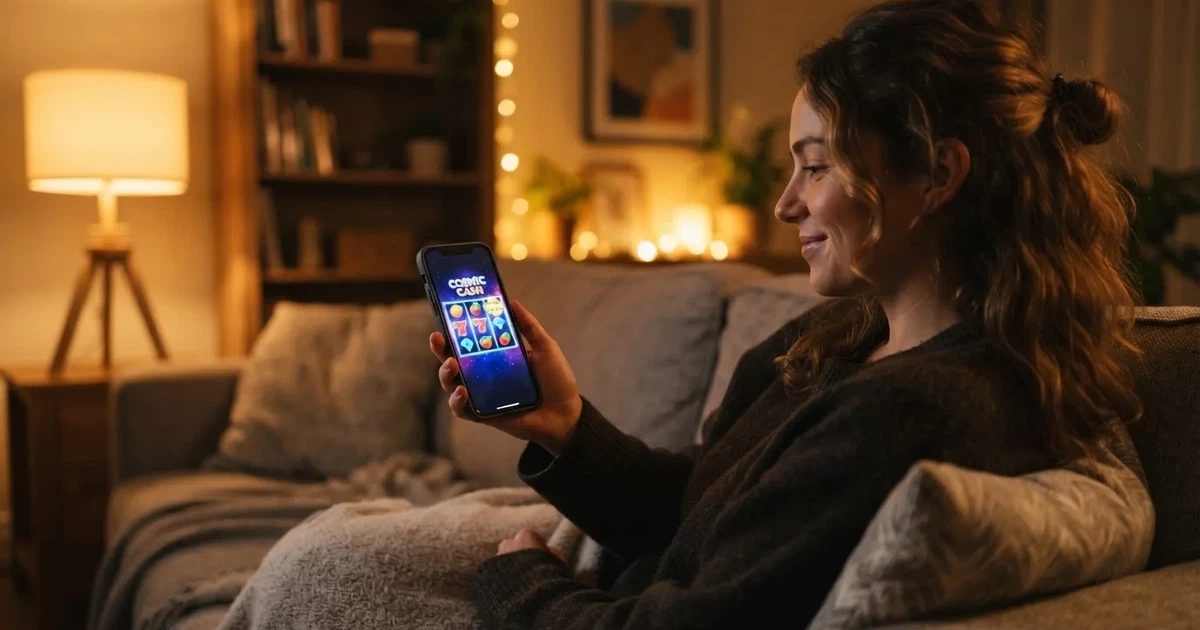Femeie zâmbind relaxată pe canapea, cu telefonul în mână, pe care se văd simboluri colorate de păcănele, într-o cameră cu lumină caldă de seară.