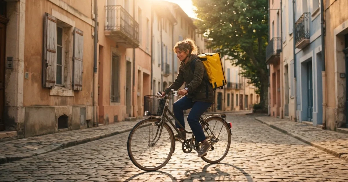Un curier pe bicicletă cu rucsac galben pe o stradă pavată, în lumina dimineții — bune cazinouri în românia
