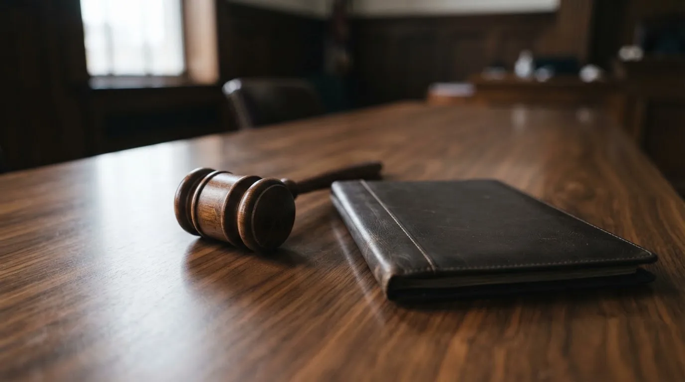 Un ciocan de judecător lângă un dosar de piele închis, pe o masă de nuc lustruit — bune cazinouri în românia