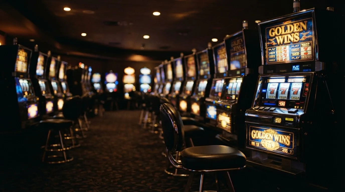 O sală de jocuri slab luminată, cu rânduri de aparate cu role strălucind în penumbră — casino bonusuri la inregistrare