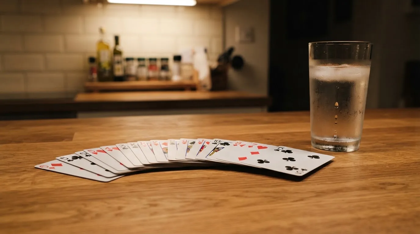 Un pachet de cărți de joc desfăcut evantai pe o masă de stejar, lângă un pahar cu apă — casino gratis în românia