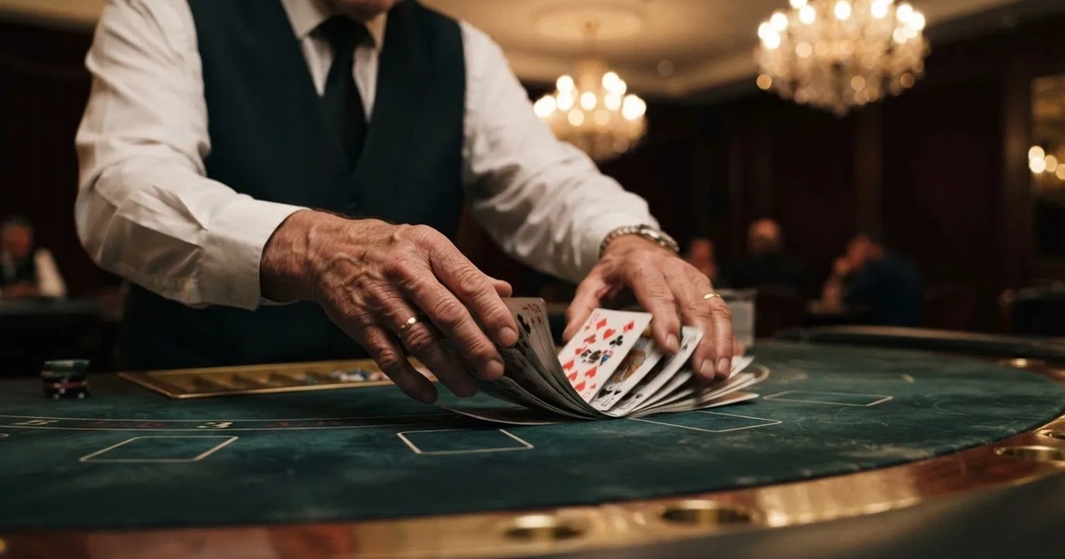 Mâinile unui crupier amestecă cărțile sub candelabrele unui cazinou elegant — casinouri online în romania