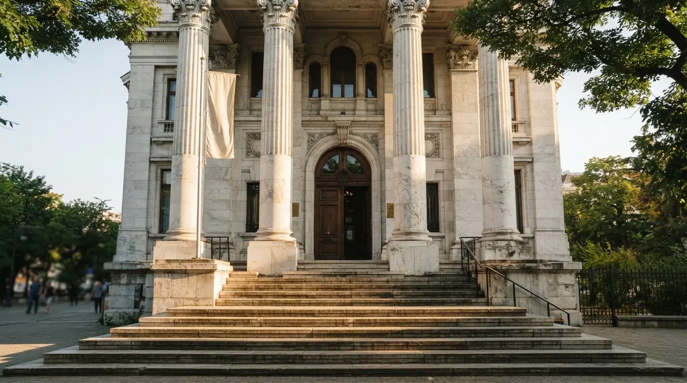 Coloane de marmură ale unei clădiri vechi, cu trepte late scăldate în soarele dimineții — cazinouri cu aircash în romania