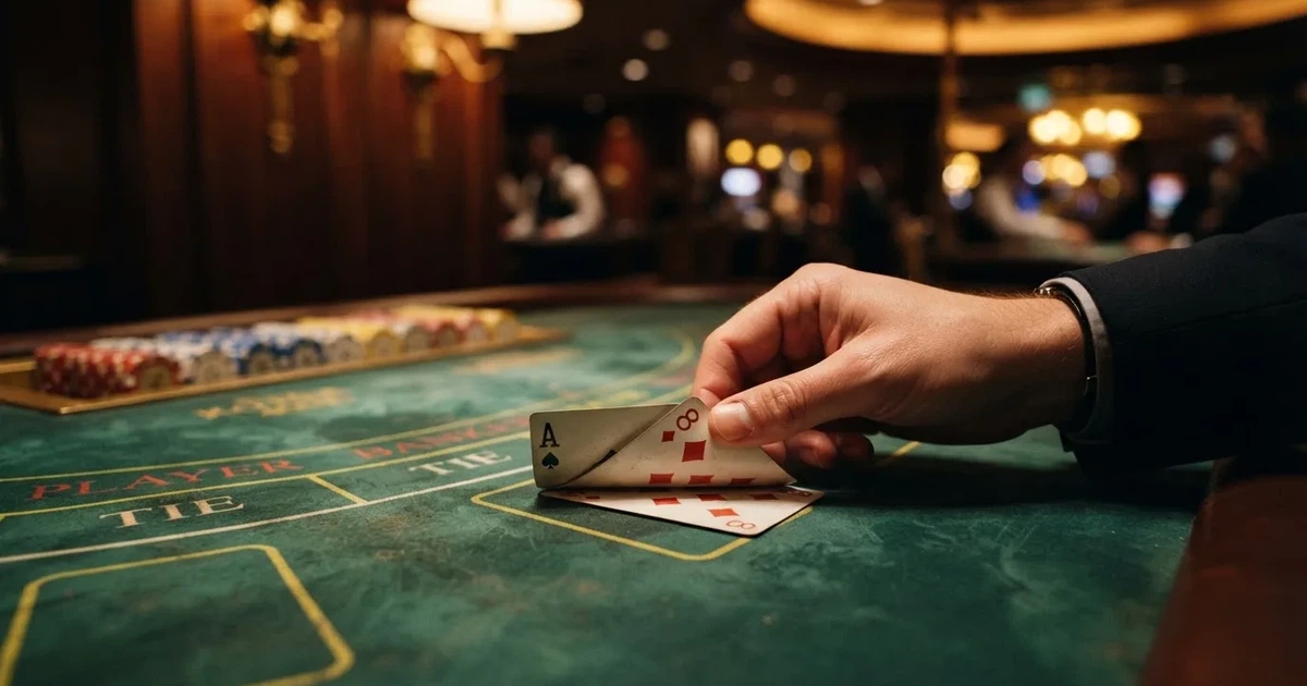 Crupier care întoarce cu grijă două cărți pe o masă de baccarat cu pâslă verde, în lumină caldă și fundal estompat.