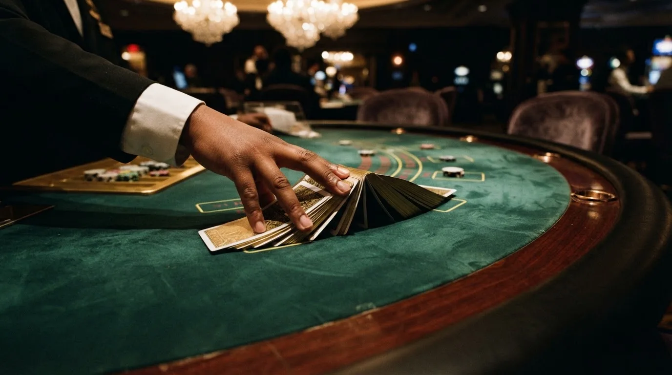 Mâinile unui crupier amestecă cărțile sub candelabrele unui cazinou elegant — cazinouri cu blackjack în romania