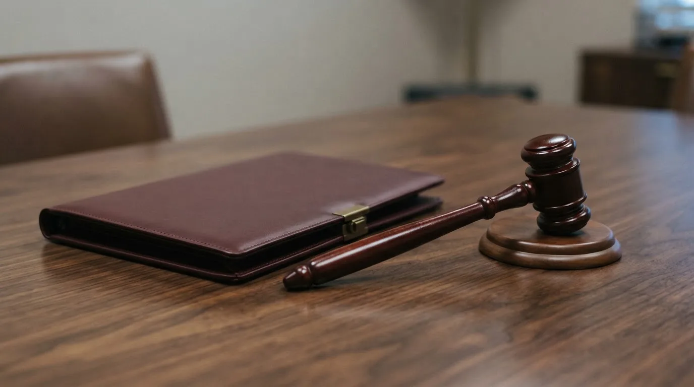 Un ciocan de judecător lângă un dosar de piele închis, pe o masă de nuc lustruit — cazinouri cu bonus aniversar