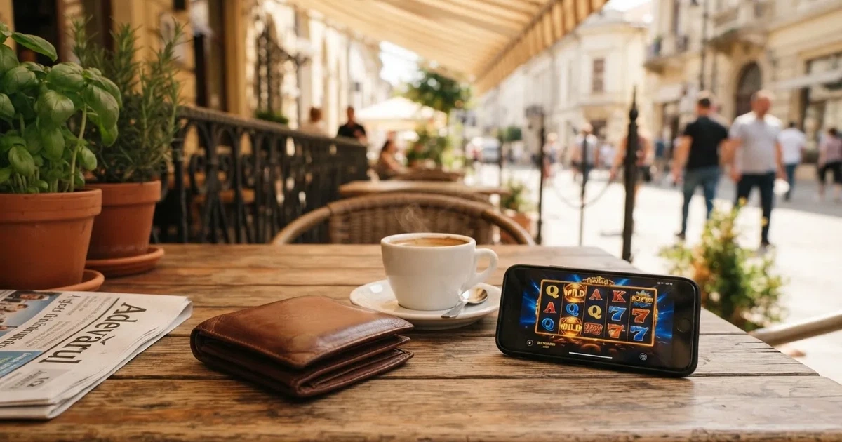 Un portofel de piele închis lângă o cană de cafea, pe masa unei terase la prânz — cazinouri cu cashpay în romania