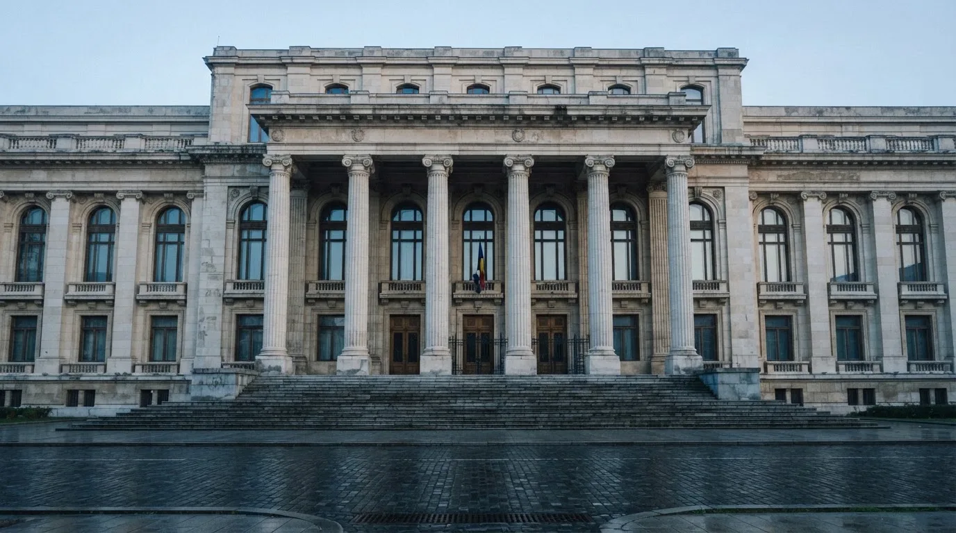 Fațada de piatră a unei clădiri guvernamentale din București, în lumina rece a zorilor — cazinouri cu cashpay în romania