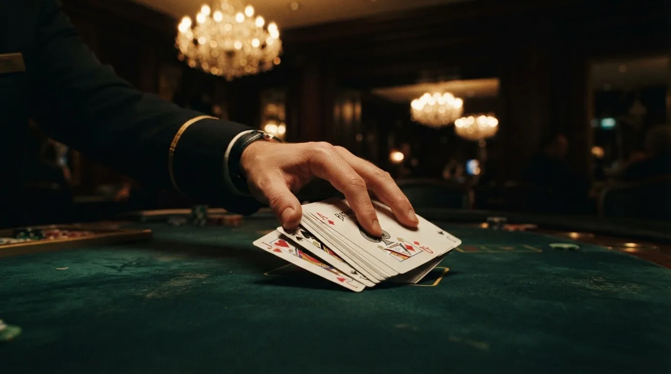 Mâinile unui crupier amestecă cărțile sub candelabrele unui cazinou elegant — cazinouri cu coduri în romania