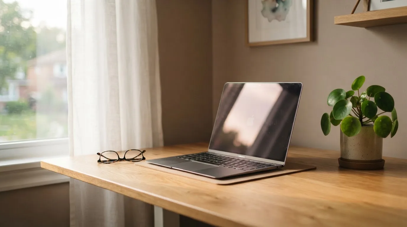 Masă de lucru cu laptop, ochelari și o plantă mică, privită din unghi lateral, în lumina difuză a după-amiezii.
