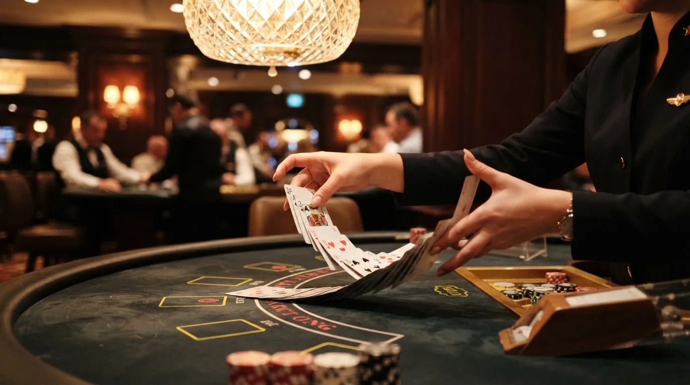 Mâinile unui crupier amestecă cărțile sub candelabrele unui cazinou elegant — cazinouri cu free spins în romania