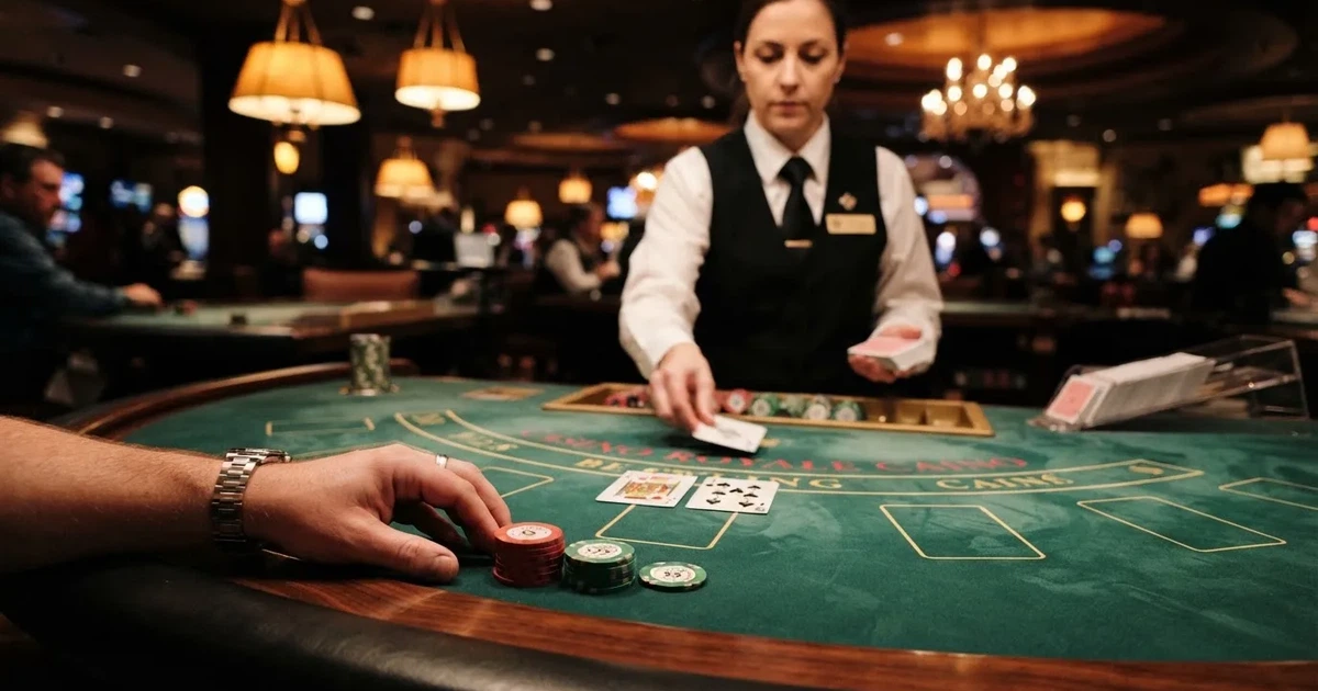 Un crupier în vestă neagră împarte cărți la o masă de blackjack, sub spoturi calde — cazinouri cu jackpot în romania
