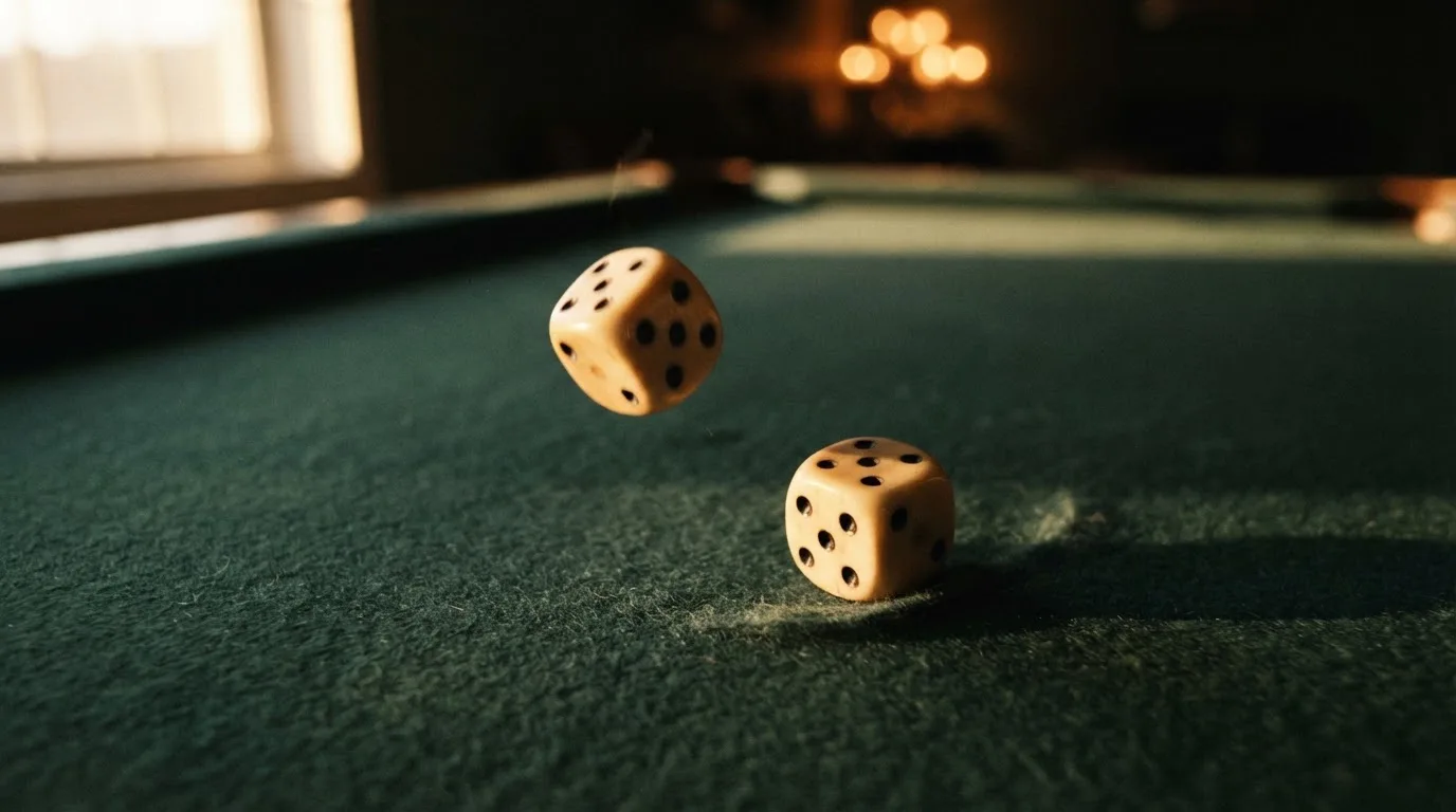 Zaruri de os rostogolindu-se pe un postav de masă, într-o lumină aurie de seară — cazinouri cu jackpot în romania