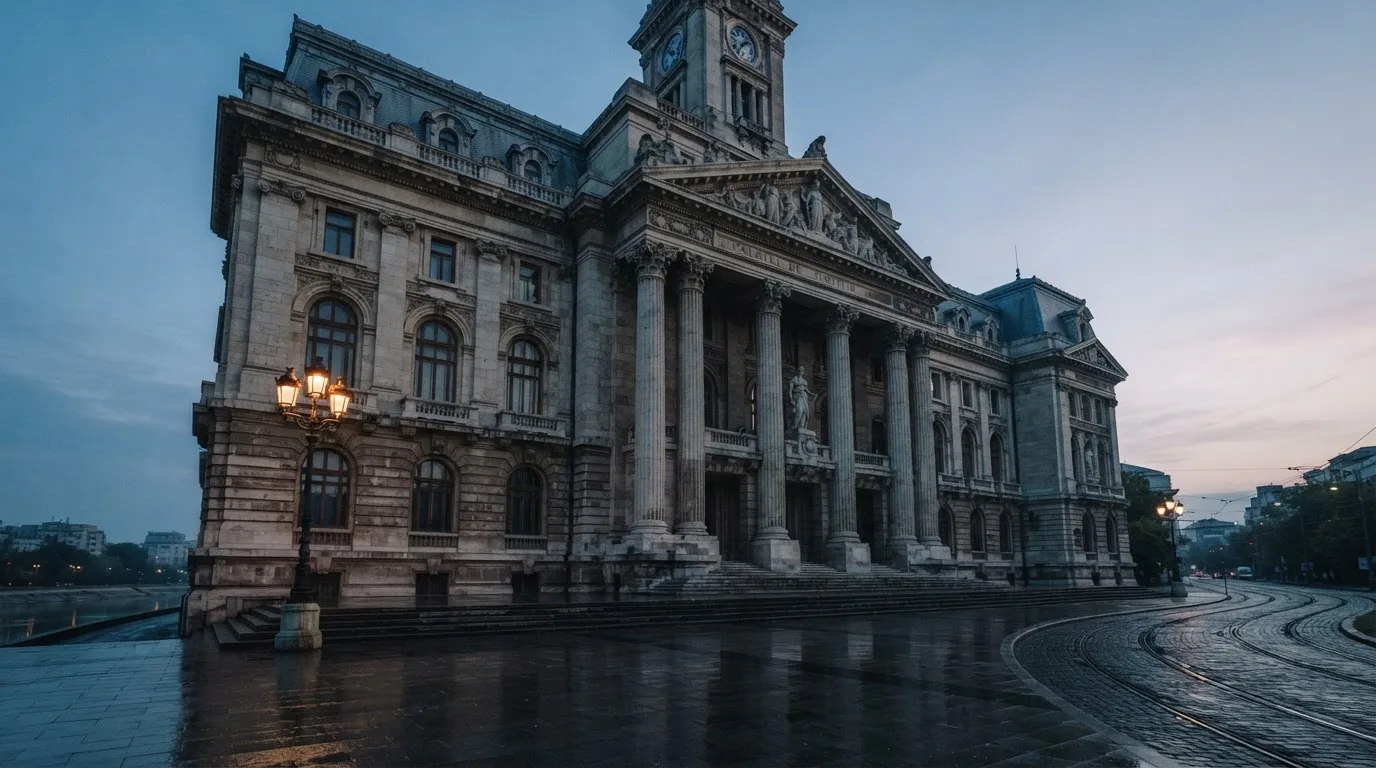 Fațada de piatră a unei clădiri guvernamentale din București, în lumina rece a zorilor — cazinouri cu jocuri de noroc
