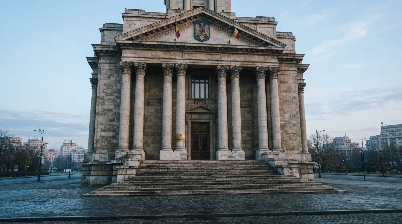 Fațada de piatră a unei clădiri guvernamentale din București, în lumina rece a zorilor — cazinouri cu maestro în romania