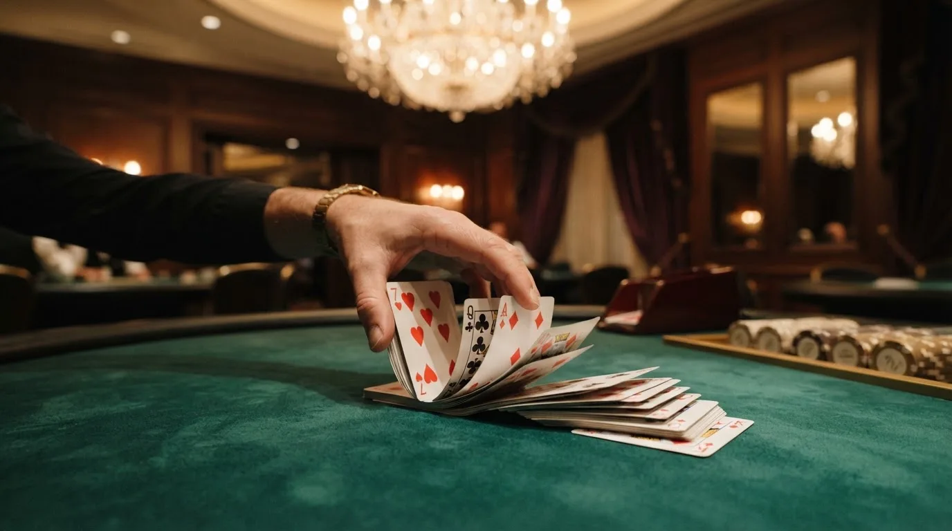 Mâinile unui crupier amestecă cărțile sub candelabrele unui cazinou elegant — cazinouri cu paypal în romania