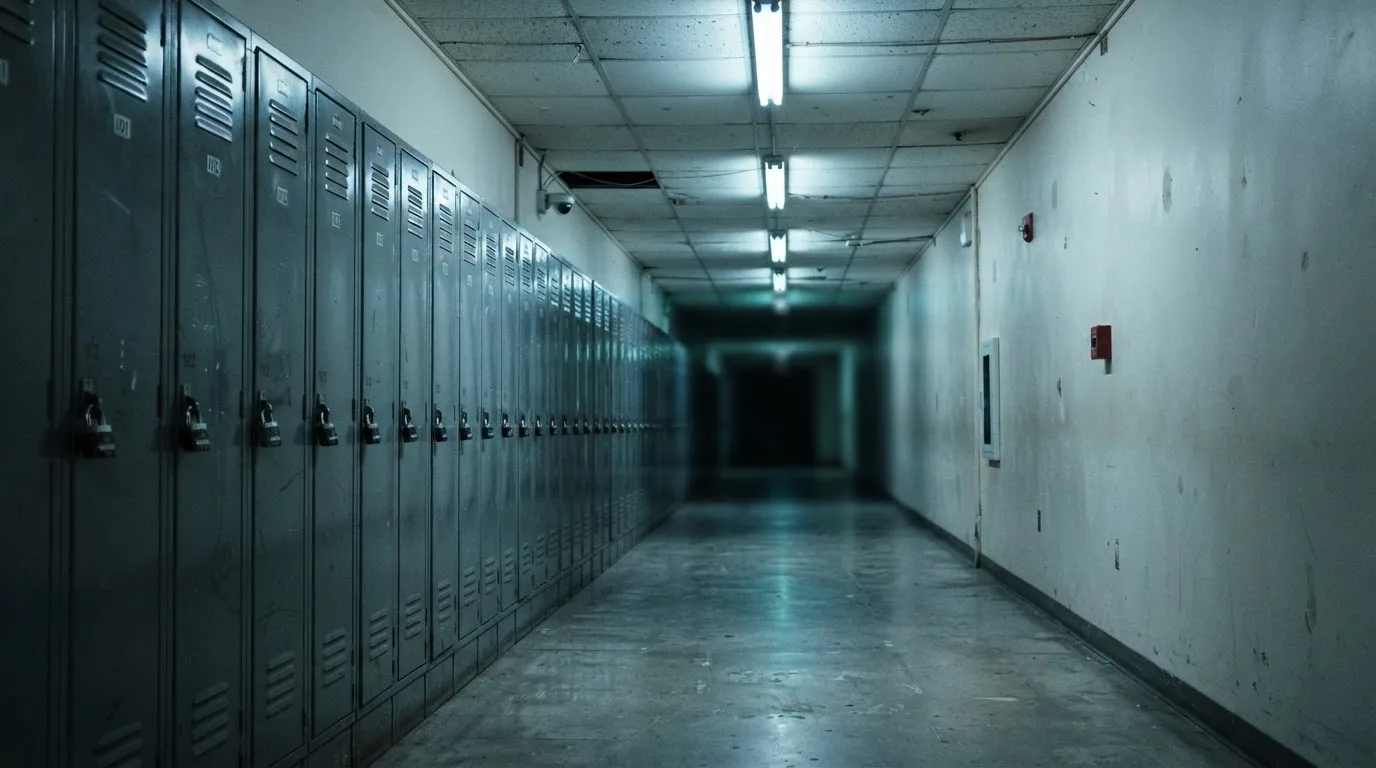Un șir de dulapuri metalice încuiate pe un coridor lung, luminat de neoane palide — cazinouri cu paysafecard în romania