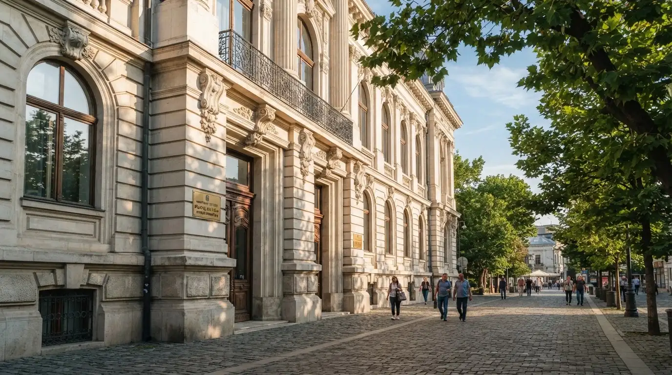 Sediu oficial cu ferestre înalte, văzut din unghi lateral, pe o stradă pietonală din București într-o zi senină.