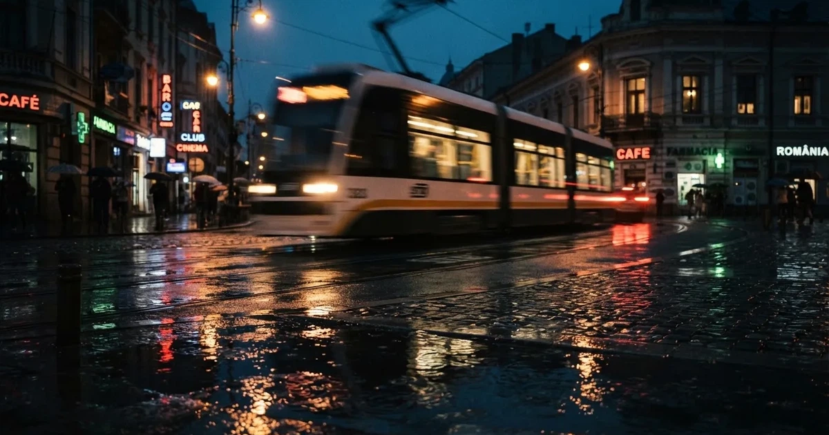 Un tramvai trecând repede pe o stradă udă, cu lumini estompate de mișcare — cazinouri cu revolut în romania