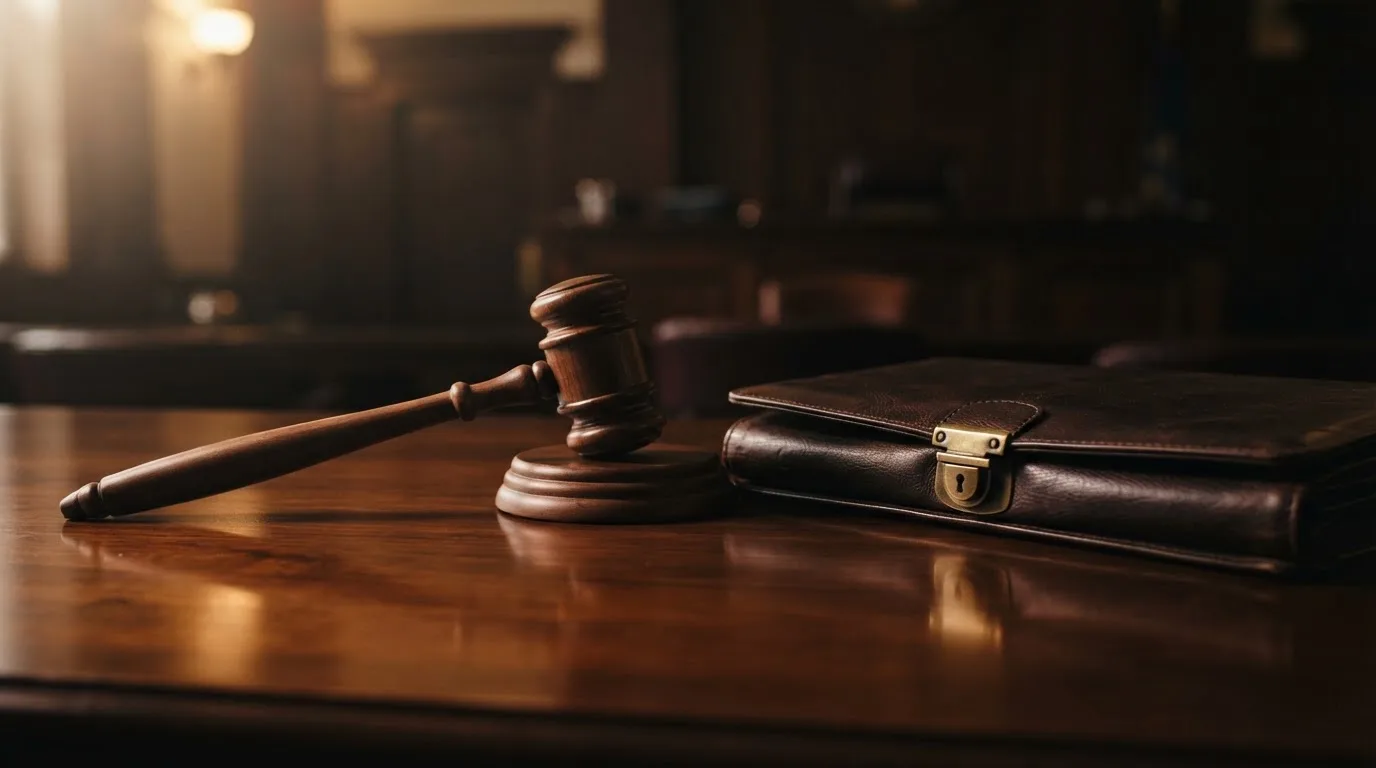 Un ciocan de judecător lângă un dosar de piele închis, pe o masă de nuc lustruit — cazinouri cu revolut în romania