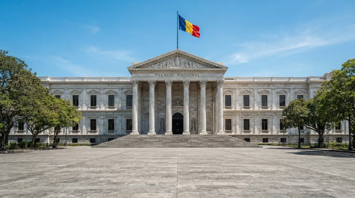 Instituție publică cu coloane albe, văzută de la distanță, cu un drapel tricolor fluturând sub un cer senin.