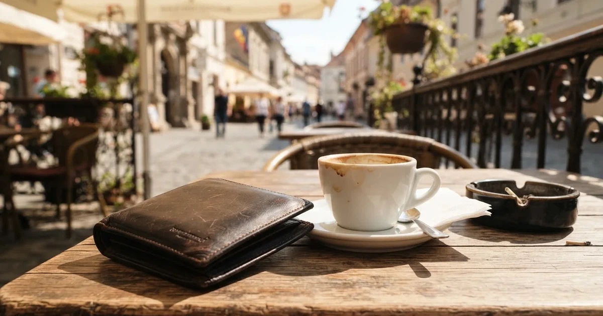 Un portofel de piele închis lângă o cană de cafea, pe masa unei terase la prânz — cazinouri cu skrill în romania