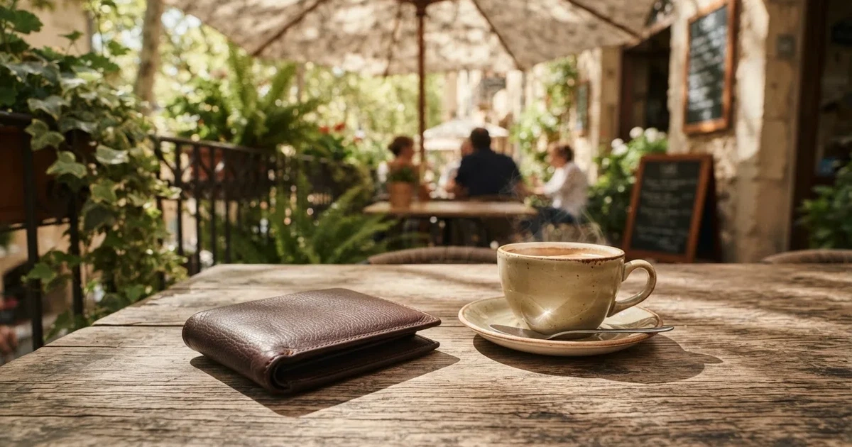 Un portofel de piele închis lângă o cană de cafea, pe masa unei terase la prânz — cazinouri cu transfer bancar