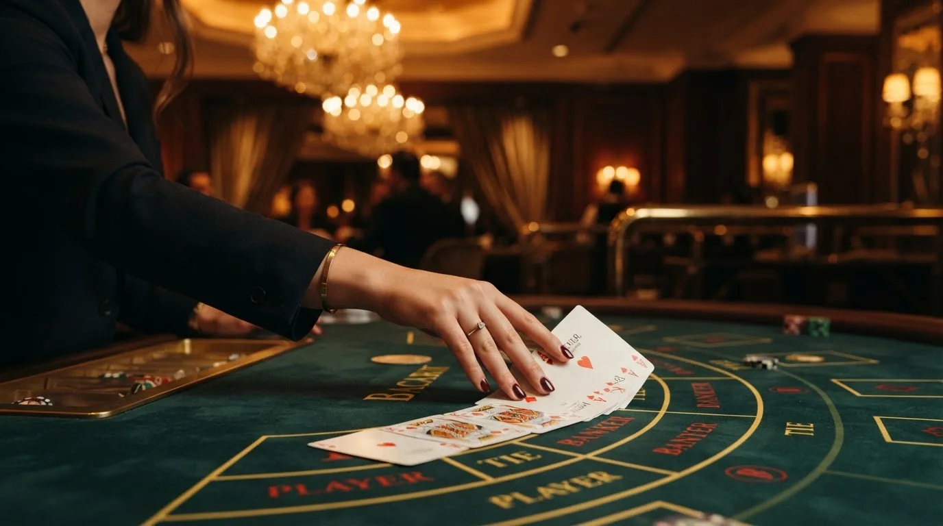 Mâinile unui crupier amestecă cărțile sub candelabrele unui cazinou elegant — cazinouri cu transfer bancar