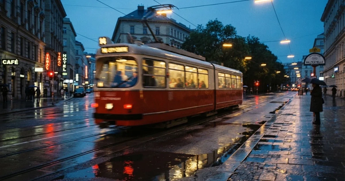 Un tramvai trecând repede pe o stradă udă, cu lumini estompate de mișcare — cazinouri cu trustly în romania