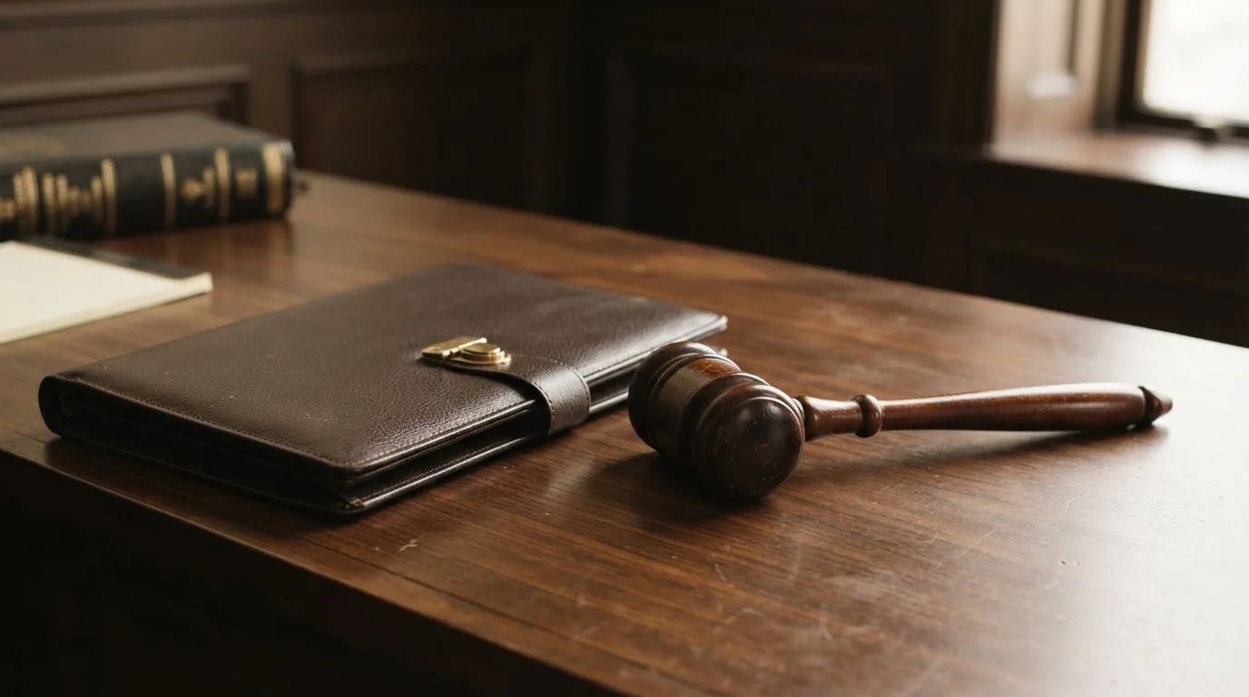 Un ciocan de judecător lângă un dosar de piele închis, pe o masă de nuc lustruit — cazinouri fără depunere în romania