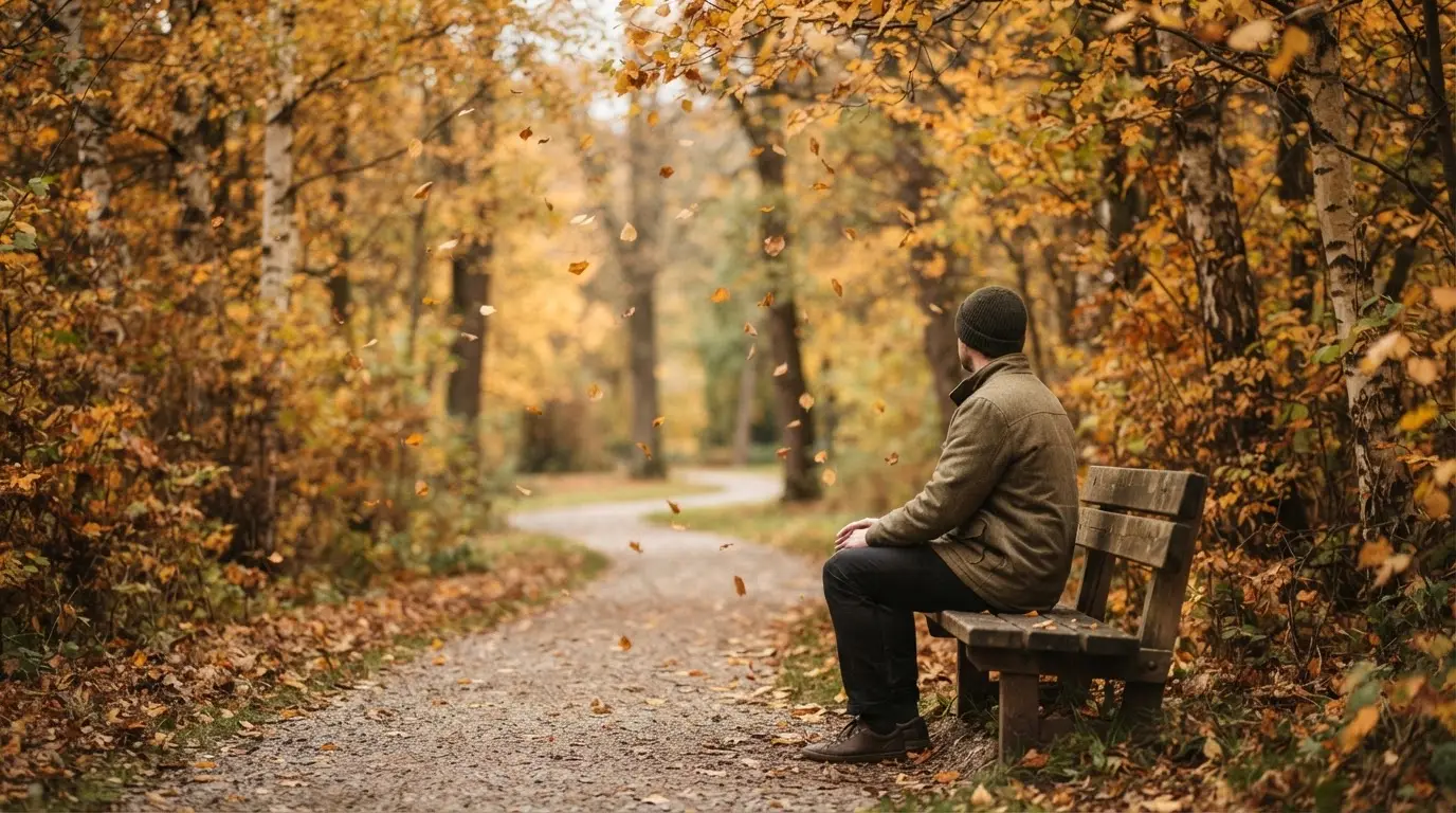 Un om pe o bancă din parc privește frunzele toamnei căzând, în lumină blândă — cazinouri fără licență în românia