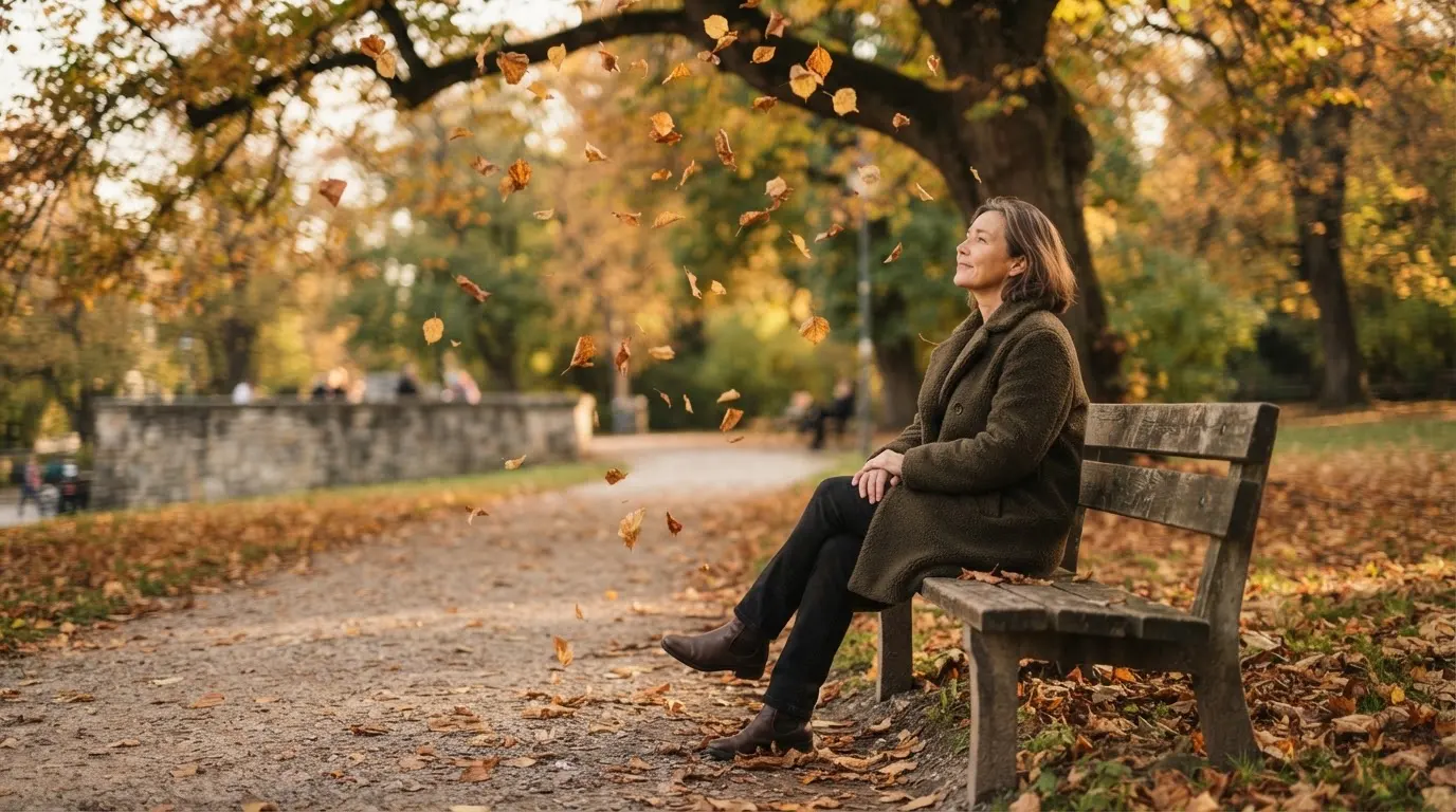 Un om pe o bancă din parc privește frunzele toamnei căzând, în lumină blândă — cazinouri în bucuresti
