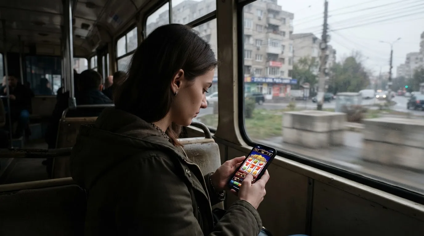 Tânără în tramvai ține telefonul cu ambele mâini și zâmbește, în timp ce afară se văd clădiri neclare în mișcare.