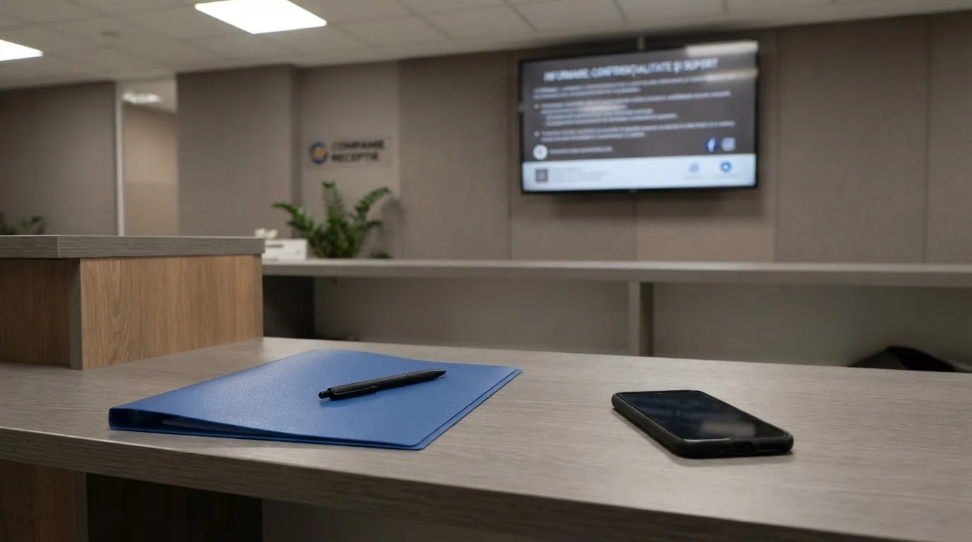 Birou de recepție într-un hol modern, cu un monitor discret pe un perete și o funcționară care răspunde la telefon.