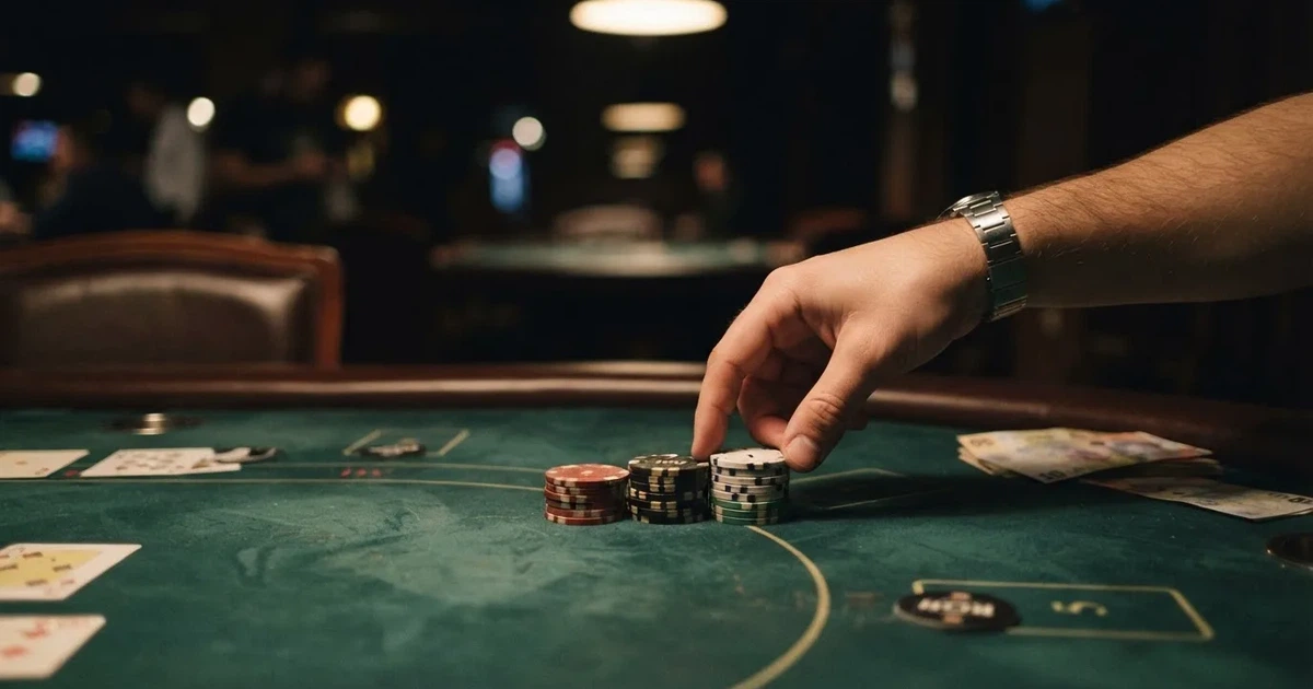 Mâini de crupier aranjând jetoane pe o masă de poker, în lumina unui spot — cele mai bune păcănele în românia