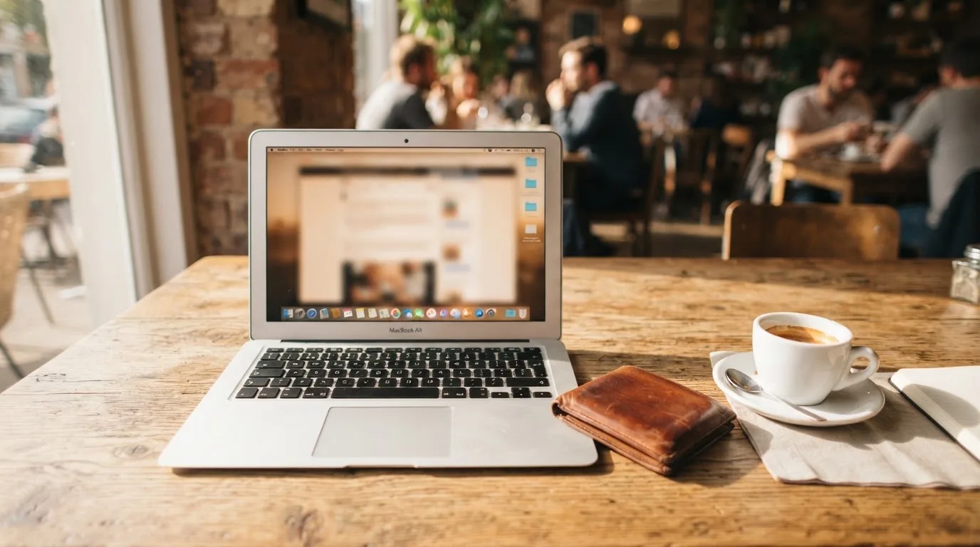 Laptop deschis pe o masă de cafenea, lângă un portofel de piele și o cană, cu lumina după-amiezii pe suprafața mesei.