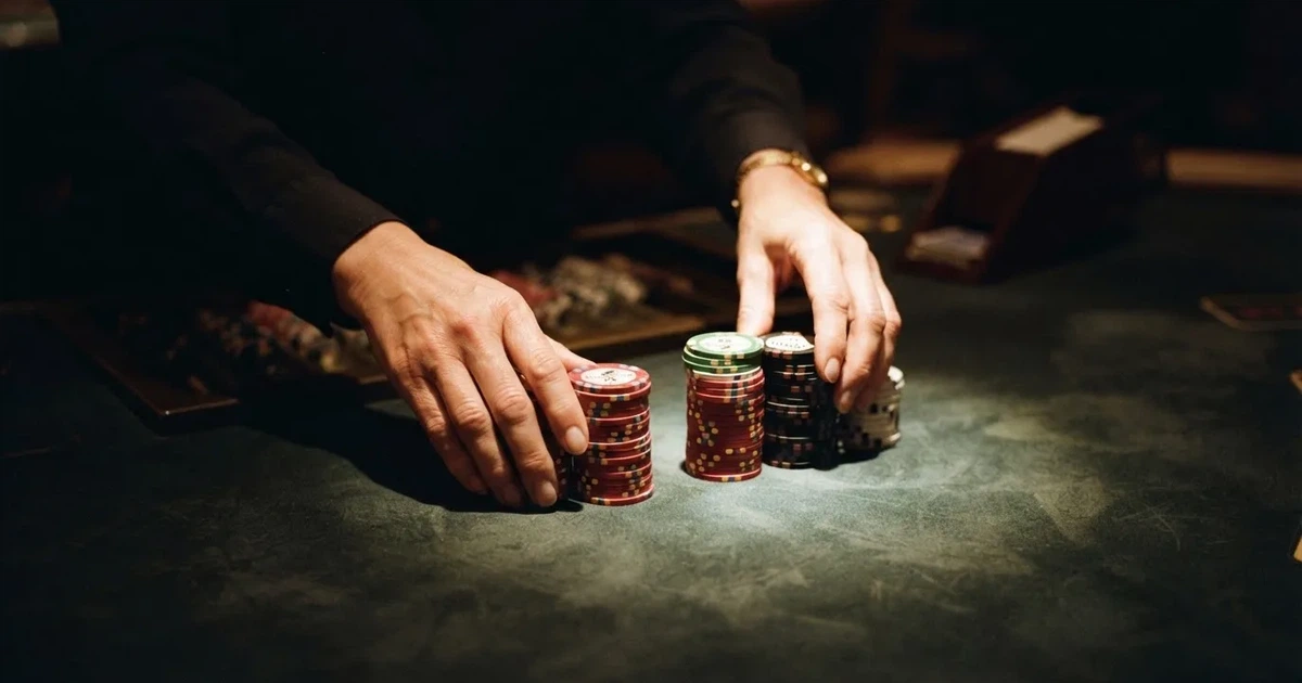 Mâini de crupier aranjând jetoane pe o masă de poker, în lumina unui spot — joacă blackjack în românia