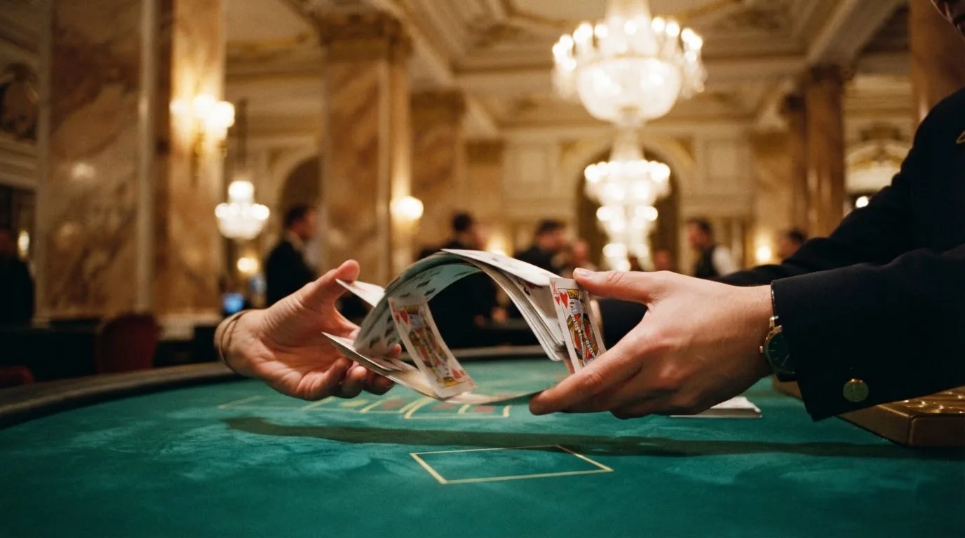 Mâinile unui crupier amestecă cărțile sub candelabrele unui cazinou elegant — joacă blackjack în românia