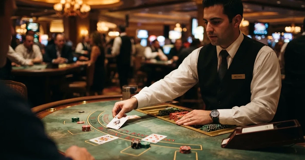 Un crupier în vestă neagră împarte cărți la o masă de blackjack, sub spoturi calde — jocuri de blackjack în românia