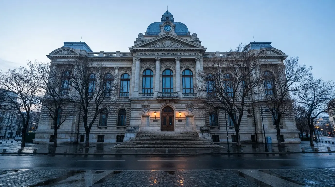 Fațada de piatră a unei clădiri guvernamentale din București, în lumina rece a zorilor — jocuri de ruletă în română