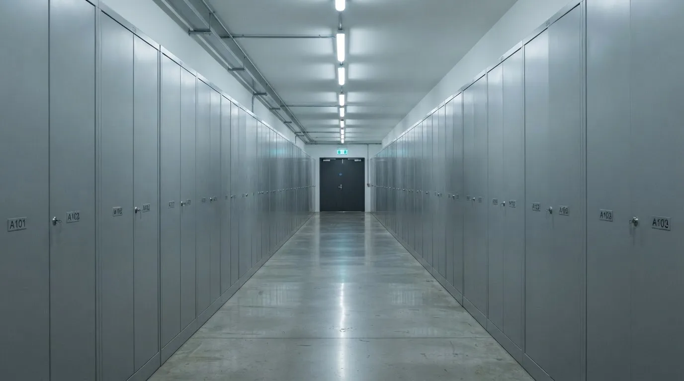 Un șir de dulapuri metalice încuiate pe un coridor lung, luminat de neoane palide — jocuri de sloturi în românia